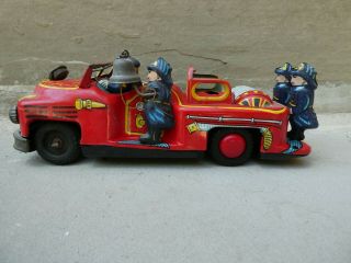 Vintage 1950s Tin Litho Japan Fire Truck Toy Friction Fireman Rings Bell