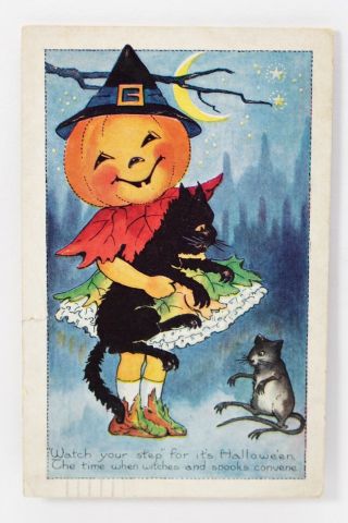Vintage Whitney Halloween Postcard Pumpkin - Head Girl Raven Owl Cat Mouse Tree