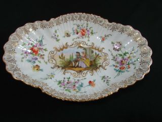 Large Antique Hand Painted Helena Wolfsohn Dresden Oval Dish C.  1870 - 90s
