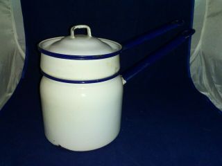 Vintage Enamelware Double Boiler Pot White Enamel W/ Blue Trim - Farmhouse Decor