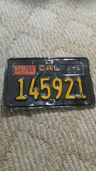 Vintage California Motorcycle License Plate Collectible Old Black Ca Mc Tag 1965