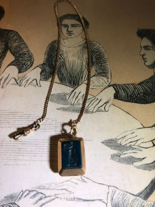 Antique Intaglio Green Stone Pocket Watch Chain Locket Fob S.  O.  B.  & Co Gold Fill