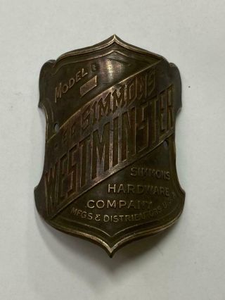 Vintage Simmons Hdwe Co Westminster Bicycle Head Badge Tag Antique Plate