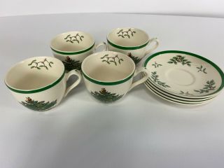 Set Of 4 Vintage Spode Christmas Tree Tea Cup & Saucer Made In England S3324 K