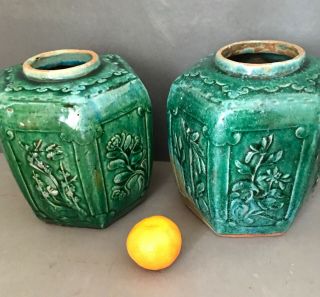 Pair 19th Century Chinese Porcelain Hand Green Glaze Hexagonal 6 Sided Vase Jars