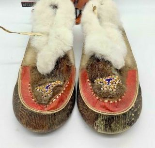 Antique Pair Alaskan Yupik Eskimo Mukluks Inuit Fur Beaded Hide Moccasins