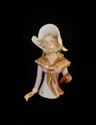 Antique German Porcelain Half Doll - Lady With Bonnet And Umbrella Pincushion