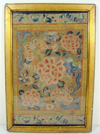Antique Chinese China Qing Dynasty Embroidery Hanging Panel Fleurs 1 Framed