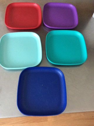 Vintage Tupperware Luncheon Plates Purple Green Blue 8 " Square Set Of 5 1980 
