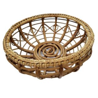 Vintage Curled Rattan Wicker Circular Basket,  9 " Diameter,  Boho Decor