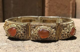 Antique Old Chinese Gilt Gold Silver Filigree Natural Carnelian Wide Bracelet