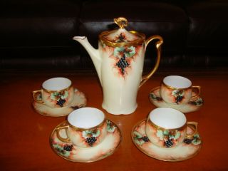 Antique Bavaria Germany Hand Painted Coffee Tea Set,  Pot,  4 Cups,  Grapes & Gold