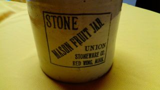 Antique Stoneware Mason Fruit Jar UNION Stoneware Co Red Wing,  MINN.  Pat 1899 2