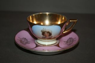 Vintage Fsc Carlsbad Porcelain Pink & Gold Trim Portrait Demitasse Teacup Saucer