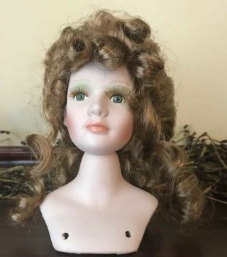 Vtg Swivel Doll Head 5” Dainty Features Copper Hair Blue Eyes Porcelain Parts