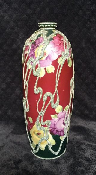 Antique Nippon Japan Art Norveau Moriage Floral Rose Bottle Form Porcelain Vase
