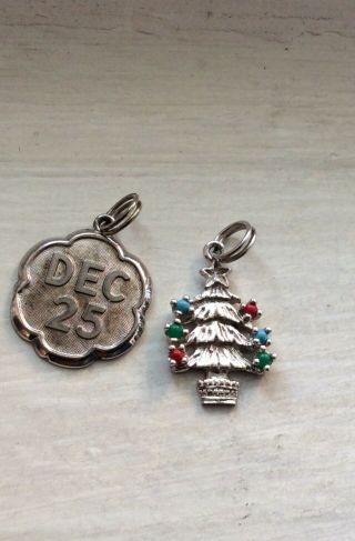 Christmas Date,  Tree Gems - Two Sterling Bracelet Charms Vintage
