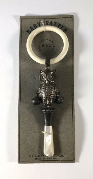 Solid Silver Owl Babies Rattle Mother Of Pearl 1926