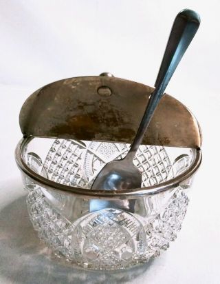 Vintage Clear Etched Glass Restaurant Sugar Bowl W/ Metal Flip Top Lid & Spoon
