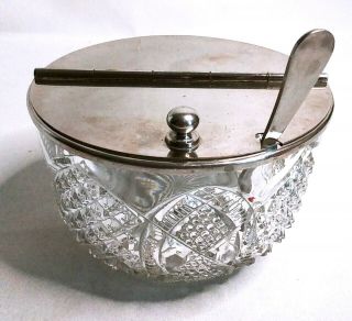 Vintage Clear Etched Glass Restaurant Sugar Bowl w/ Metal Flip Top Lid & Spoon 2