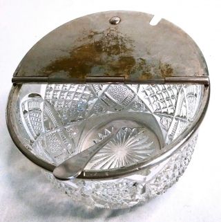 Vintage Clear Etched Glass Restaurant Sugar Bowl w/ Metal Flip Top Lid & Spoon 3