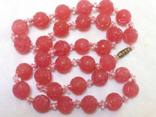 Chinese Antique /vintage Pink Carved Shu Peking Glass Beads Necklace