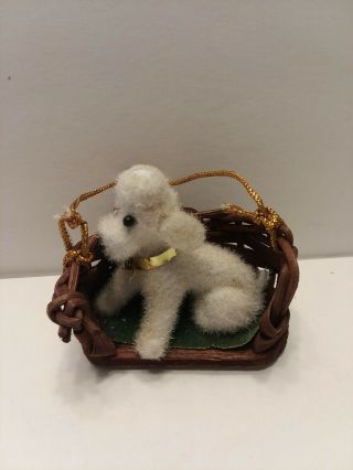 Vintage Poodle Puppy Dog In Wicker Basket Christmas Ornament Puppy Flocked
