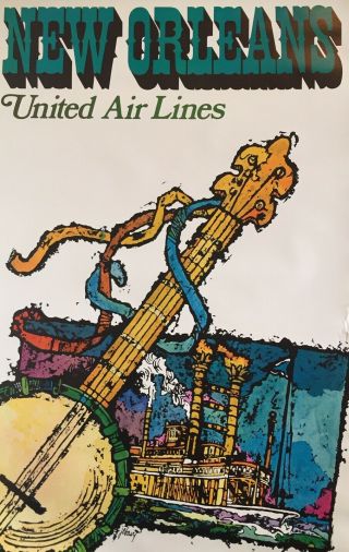 1968 Vintage United Air Lines Orleans Travel Poster Jebary