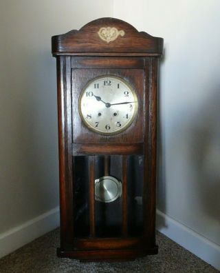 Antique Early 20th Century Solid Oak Wall Clock With Chime Pendulum & Key (time)