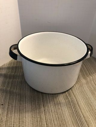 Vintage Speckled Enamel Ware White With Black Trim Soup Stock Pot Without Lid