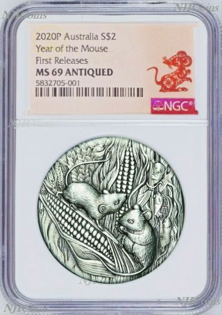 2020 Australia Antiqued Lunar Year Of The Mouse 2oz $2 Silver Coin Ngc Ms69 Fr