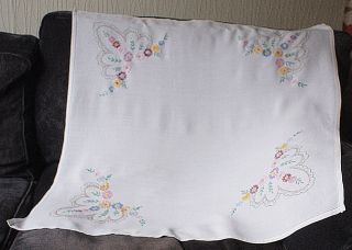 Vintage Hand Embroidered Satin Stitch Flowers Tablecloth 34 X 36 Inches Approx