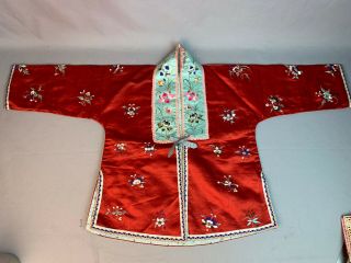 Vintage Chinese Red Silk Embroidered Child’s Or Ladies Robe Qing Dy Flowers