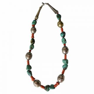 Fine Antique Silver Bead Coral And Turquoise Necklace Asia Himalaya Tibet