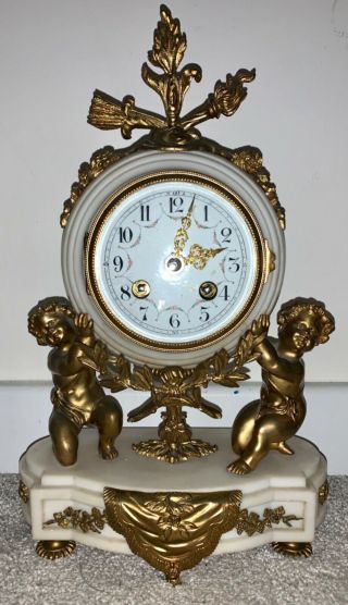 White Marble And Ormolu Cherub Mantel Clock