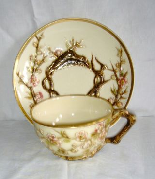 Antique Zsolnay Pecs Hungarian Cup & Saucer Cherry Blossom With Rustic Handle