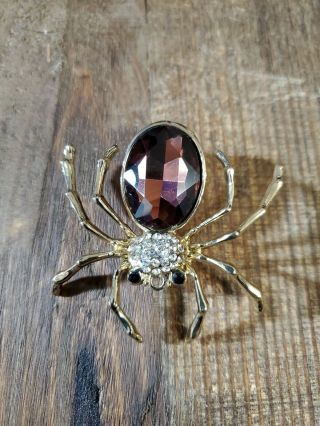 Large Vintage Gold Toned Purple Crystal Spider Brooch