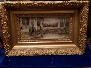 Antique American Impressionist Oil Painting Landscape Aspens Stream Gilt Frame