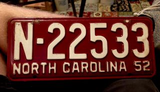 1952 North Carolina Nc License Plate Tag,  Vintage,  N - 22533,  Rare