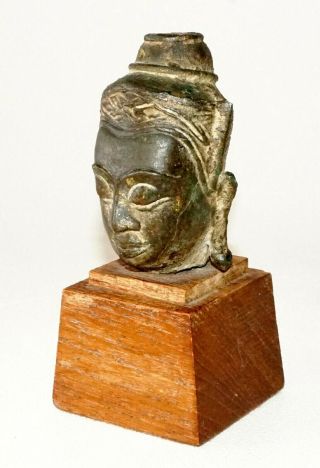 Antique S.  E.  Asian Mounted Bronze Buddha Head Fragment On Wooden Base (tae)