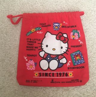 Vintage 1992 Hello Kitty Red Cloth Pouch Bag Drawstring Collectible Sanrio Japan