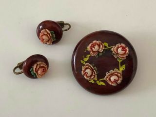 Celluloid Bakelite Rose Pin Brooch & Earrings Vintage Mid Century Round Wood