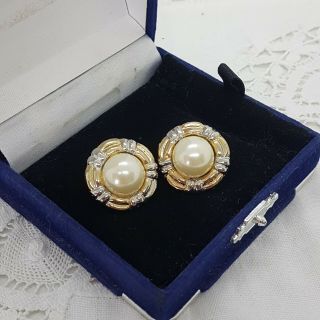 Vintage 80s Clip - On Earrings Faux Pearl Round Gold Tone Statement Power Dressing