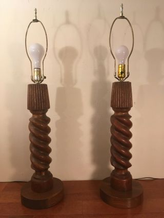 Vintage Pair Antique Barley Twist Oak Table Lamps