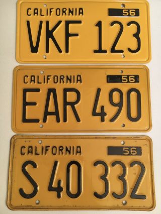 Vintage 1956 California License Plates Black & Yellow (set Of 3)