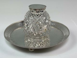 Antique English Sterling Silver & Cut Glass Inkwell,  Sheffield,  1890 Martin Hall