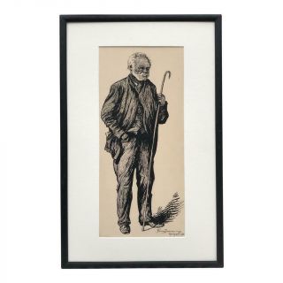 Antique Pen And Ink Drawing Of A Man With A Cane By Deming 1901 Black Folk Art