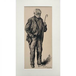 Antique Pen and Ink Drawing of a Man With a Cane by Deming 1901 Black Folk Art 2