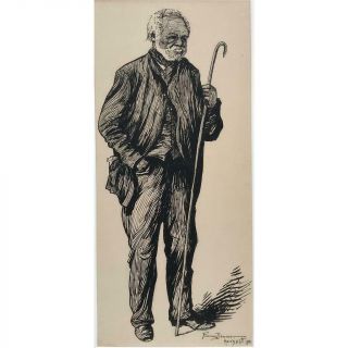 Antique Pen and Ink Drawing of a Man With a Cane by Deming 1901 Black Folk Art 3