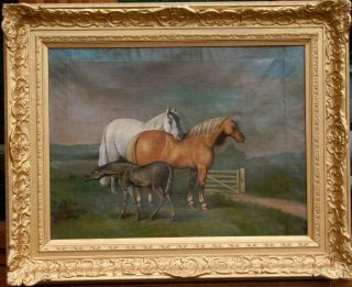 19th Cen.  Portrait Study Of Horses And Foal In A Landscape Antique Oil Painting
